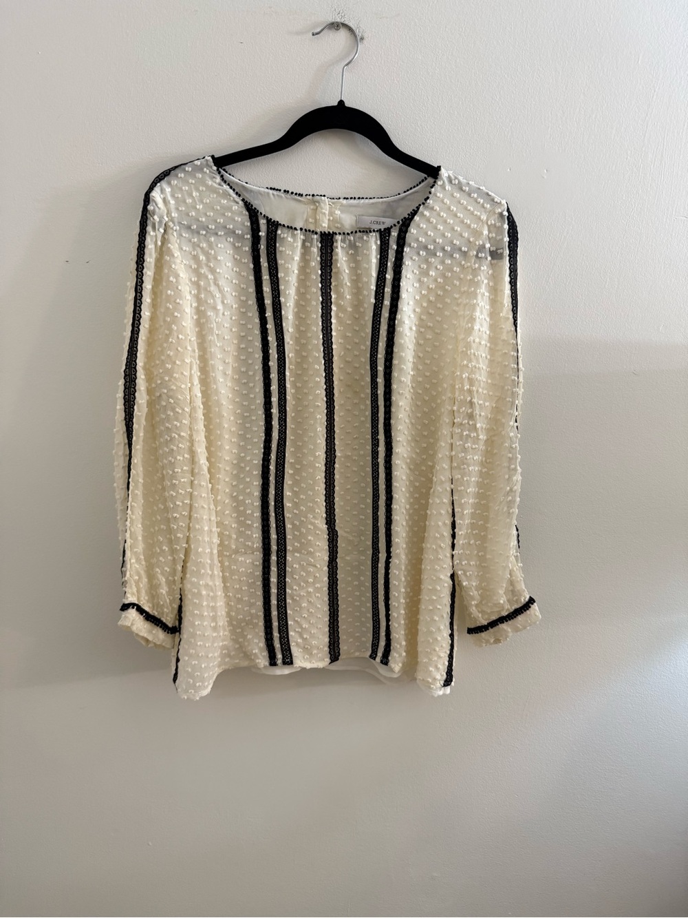 J. Crew Cream Swiss Dot Blouse with Black Vertical Stripes